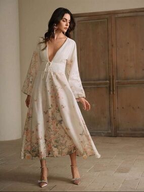 Floral Tie-Front Maxi Slip Dress in Ivory and Pink